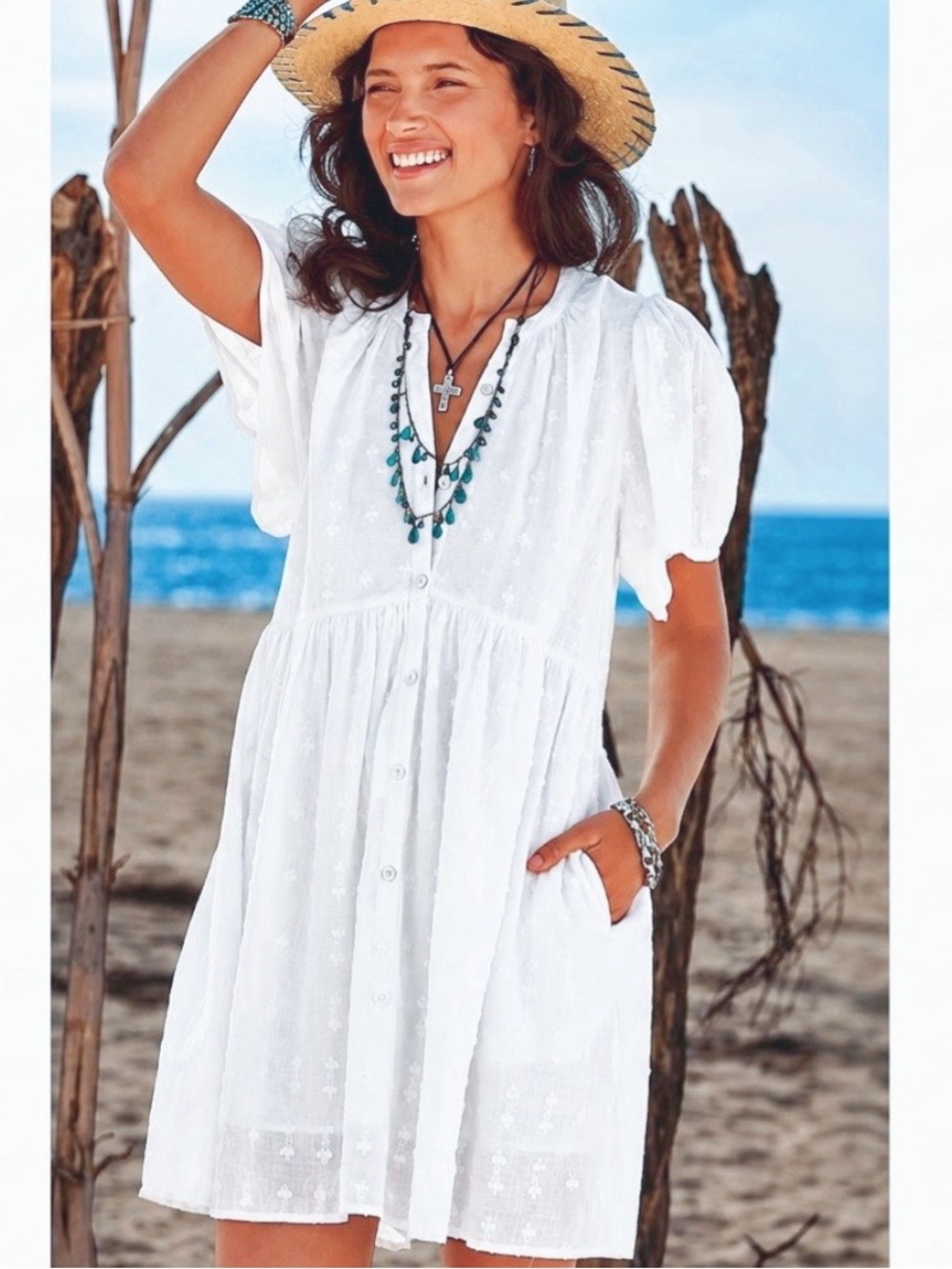 Sundance Sienna White Dress Pockets Button-Front Size M